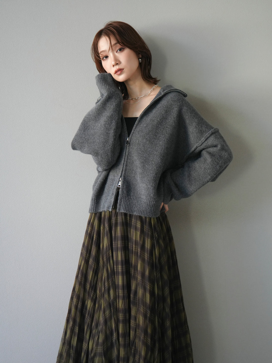 [予約]スタンドネックダブルZIPニットカーディガン/darkgray