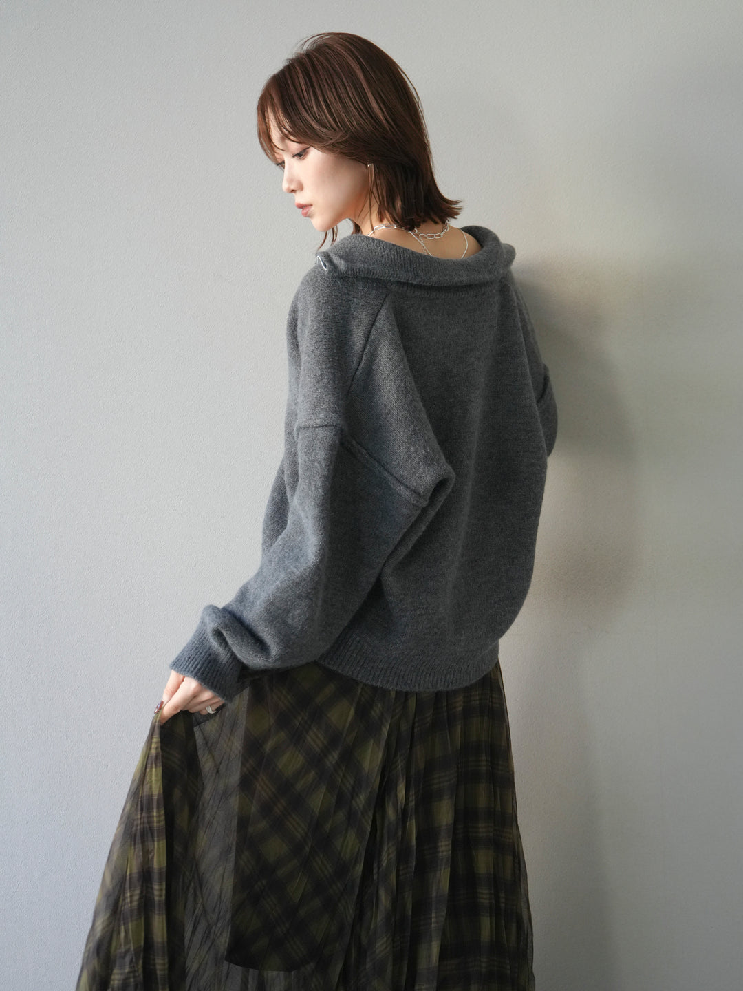 [予約]スタンドネックダブルZIPニットカーディガン/darkgray