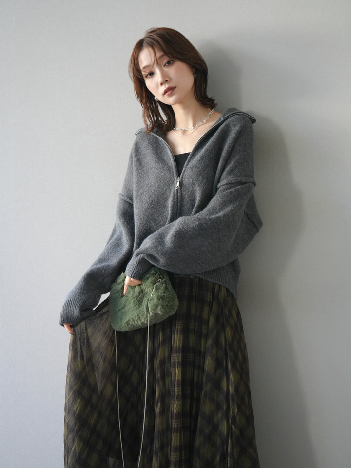 [予約]スタンドネックダブルZIPニットカーディガン/darkgray