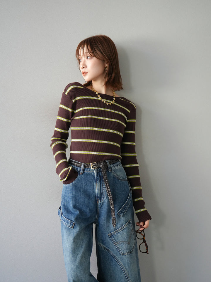 【SET】後開條紋毛圈羅紋上衣+畫家曲線牛仔褲（2件組）