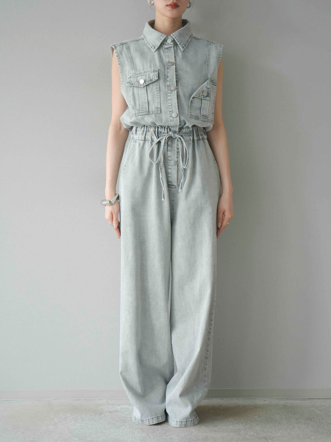 [予約]ポケットデザインデニムオールインワン/グレー