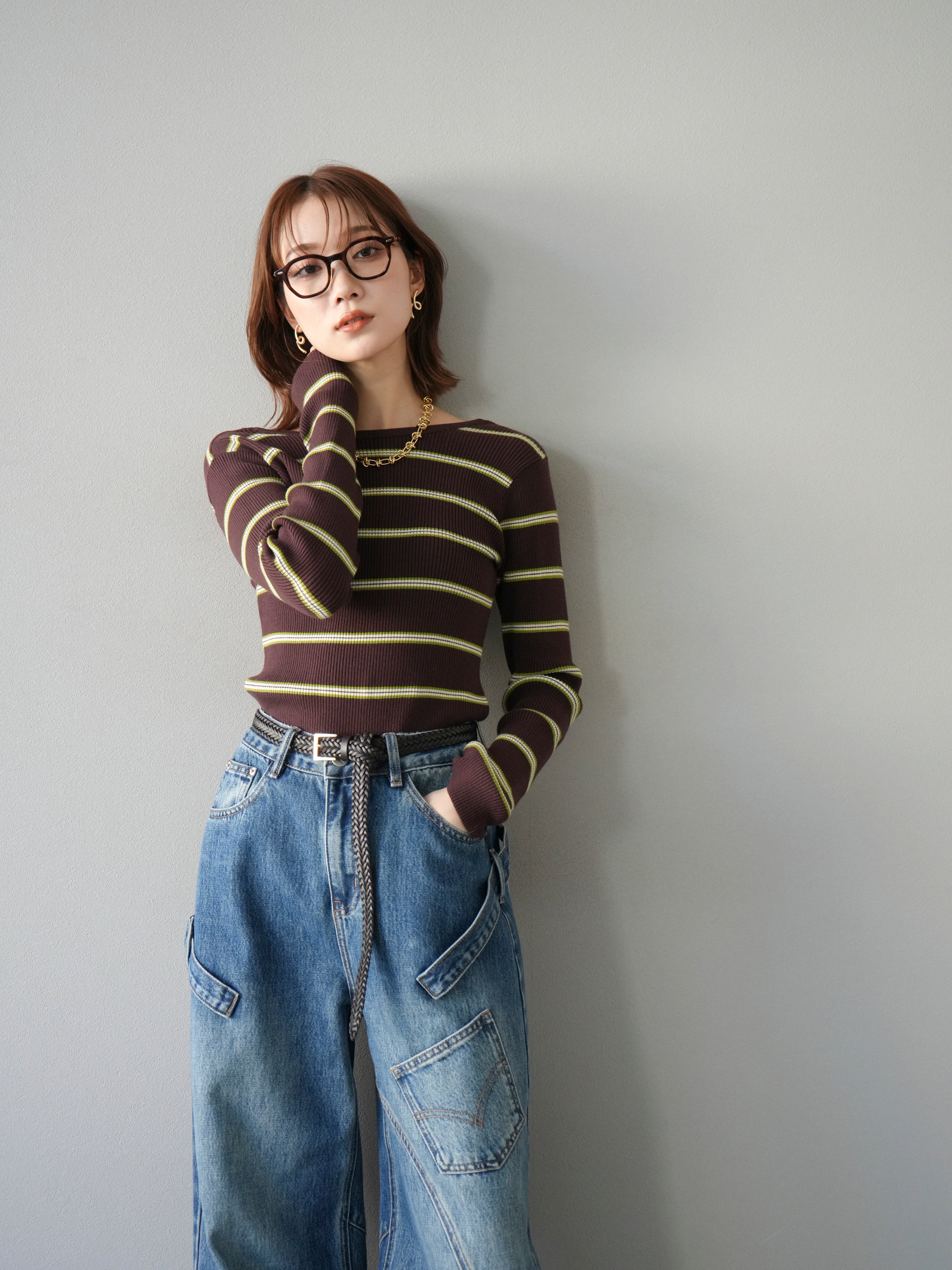 SET]バックオープンボーダーテレコリブトップス+ペインターカーブ