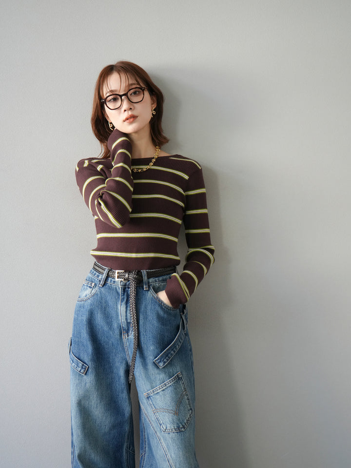 【SET】後開條紋毛圈羅紋上衣+畫家曲線牛仔褲（2件組）