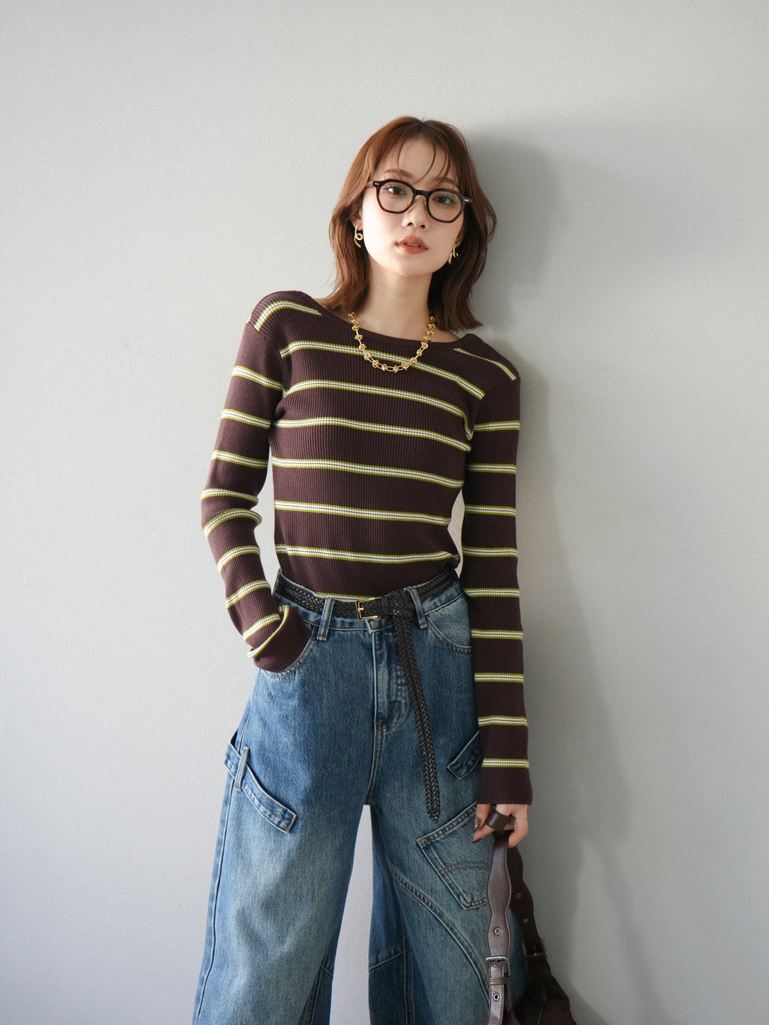 【SET】後開條紋毛圈羅紋上衣+畫家曲線牛仔褲（2件組）