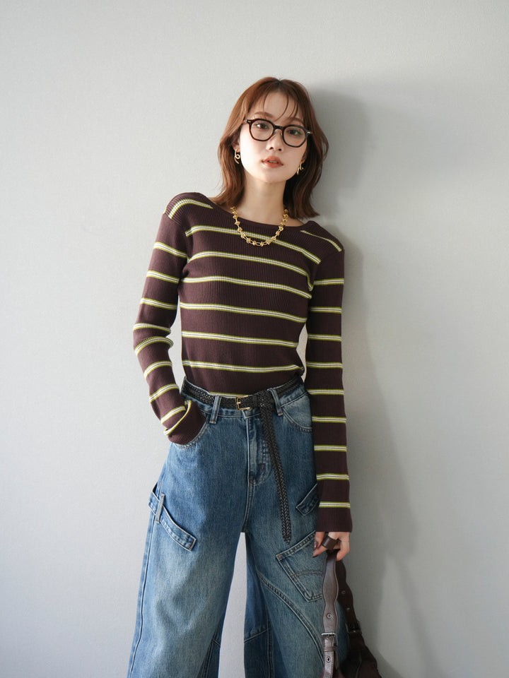 【SET】後開條紋毛圈羅紋上衣+畫家曲線牛仔褲（2件組）