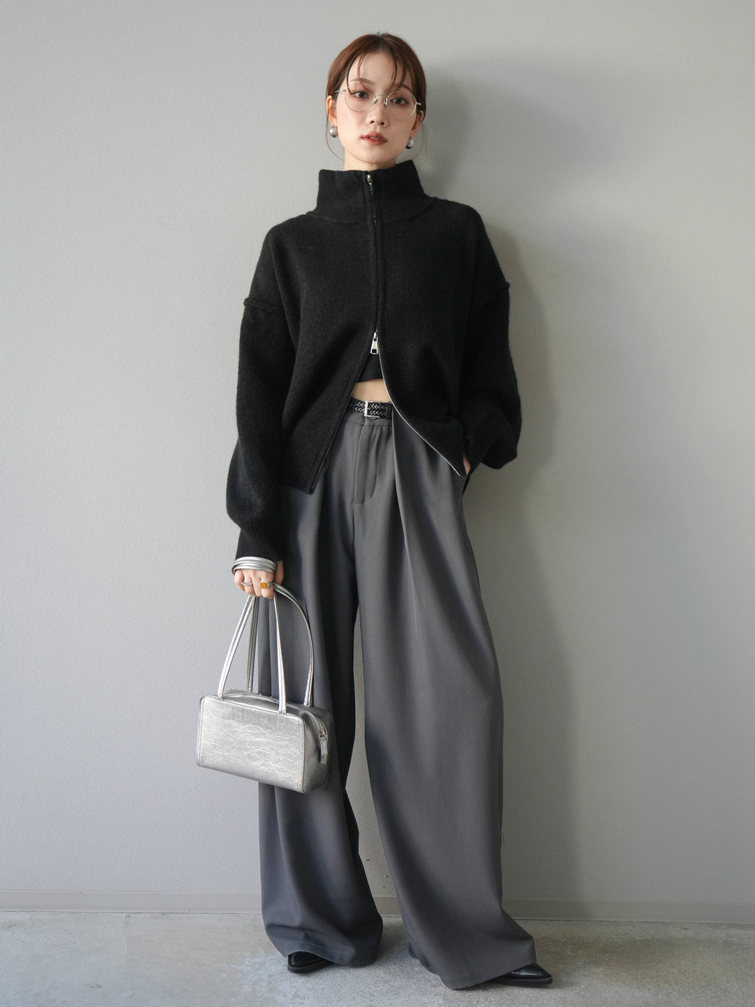 [予約]スタンドネックダブルZIPニットカーディガン/black