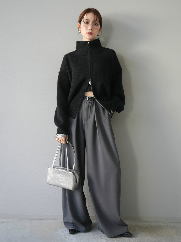 [予約]スタンドネックダブルZIPニットカーディガン/black