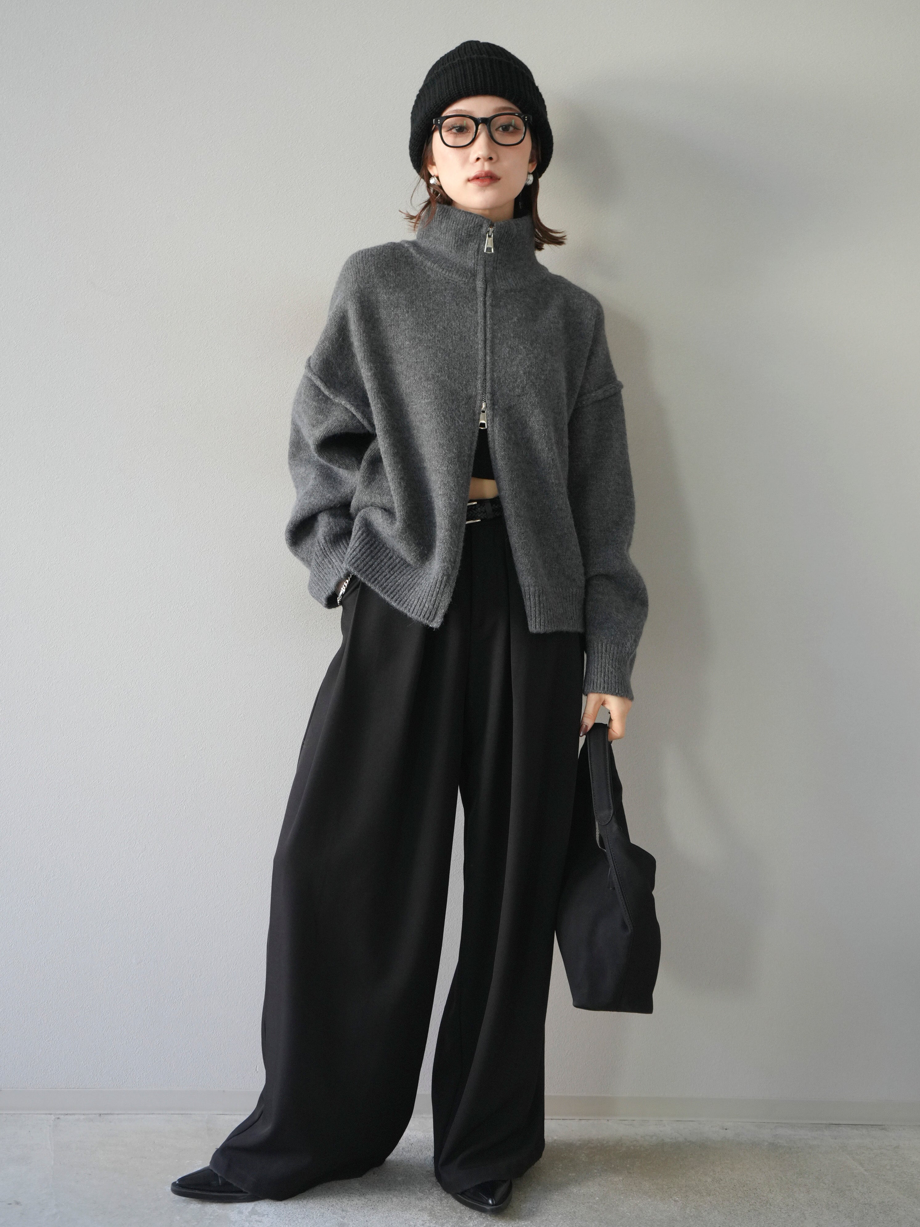 7]スタンドネックダブルZIPニットカーディガン/darkgray – Lumier