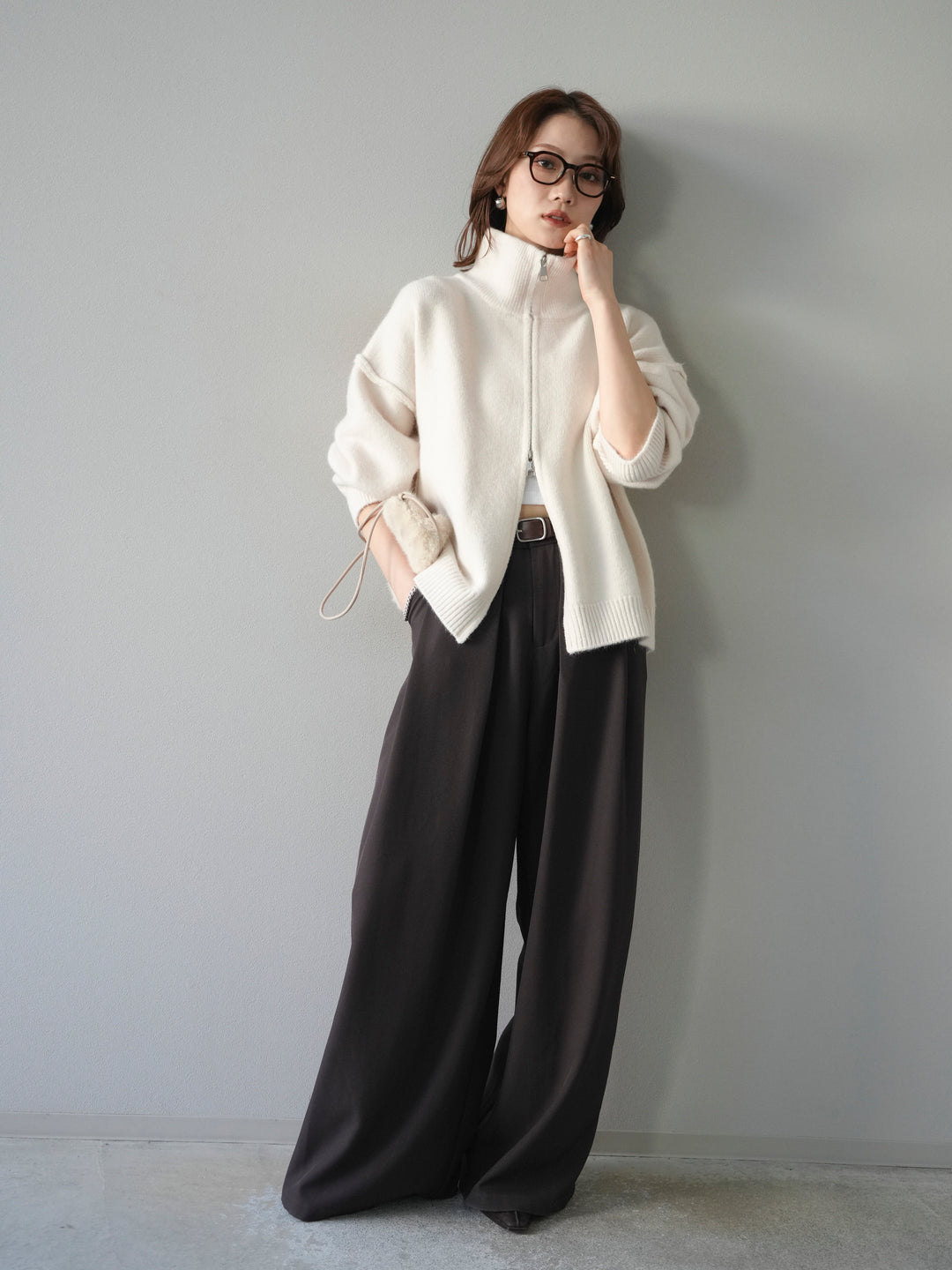 [SET]スタンドネックダブルZIPニットカーディガン+ベルトループデザインワイドパンツ(2set)