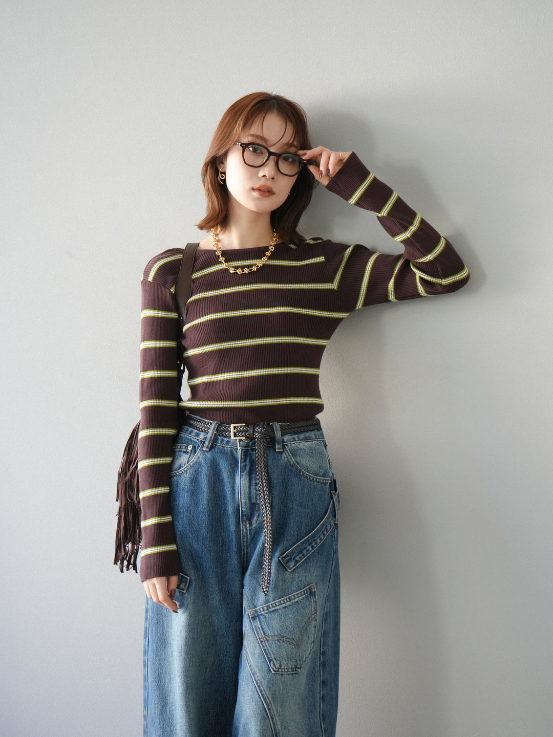 【SET】後開條紋毛圈羅紋上衣+畫家曲線牛仔褲（2件組）
