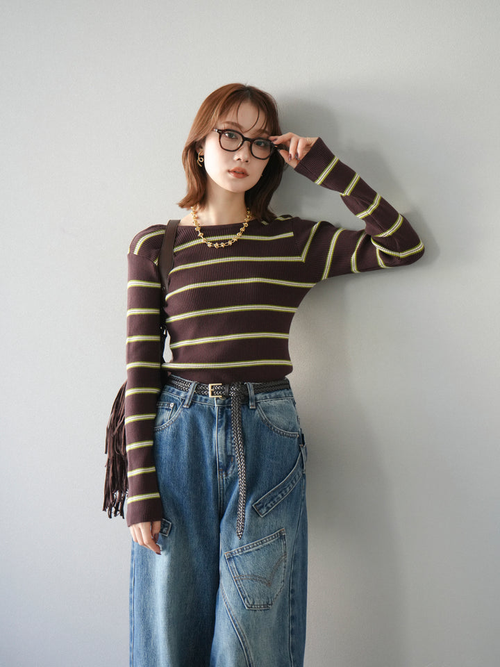 【SET】後開條紋毛圈羅紋上衣+畫家曲線牛仔褲（2件組）