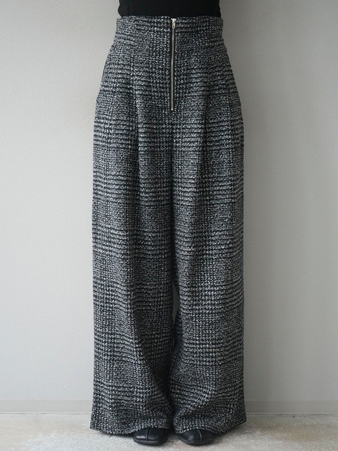 [予約]フロントジップミックスツイードワイドパンツ/ black