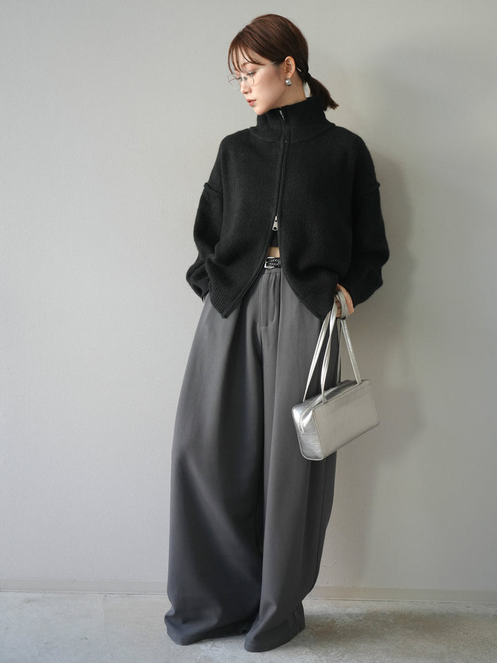 [SET]スタンドネックダブルZIPニットカーディガン+ベルトループデザインワイドパンツ(2set)