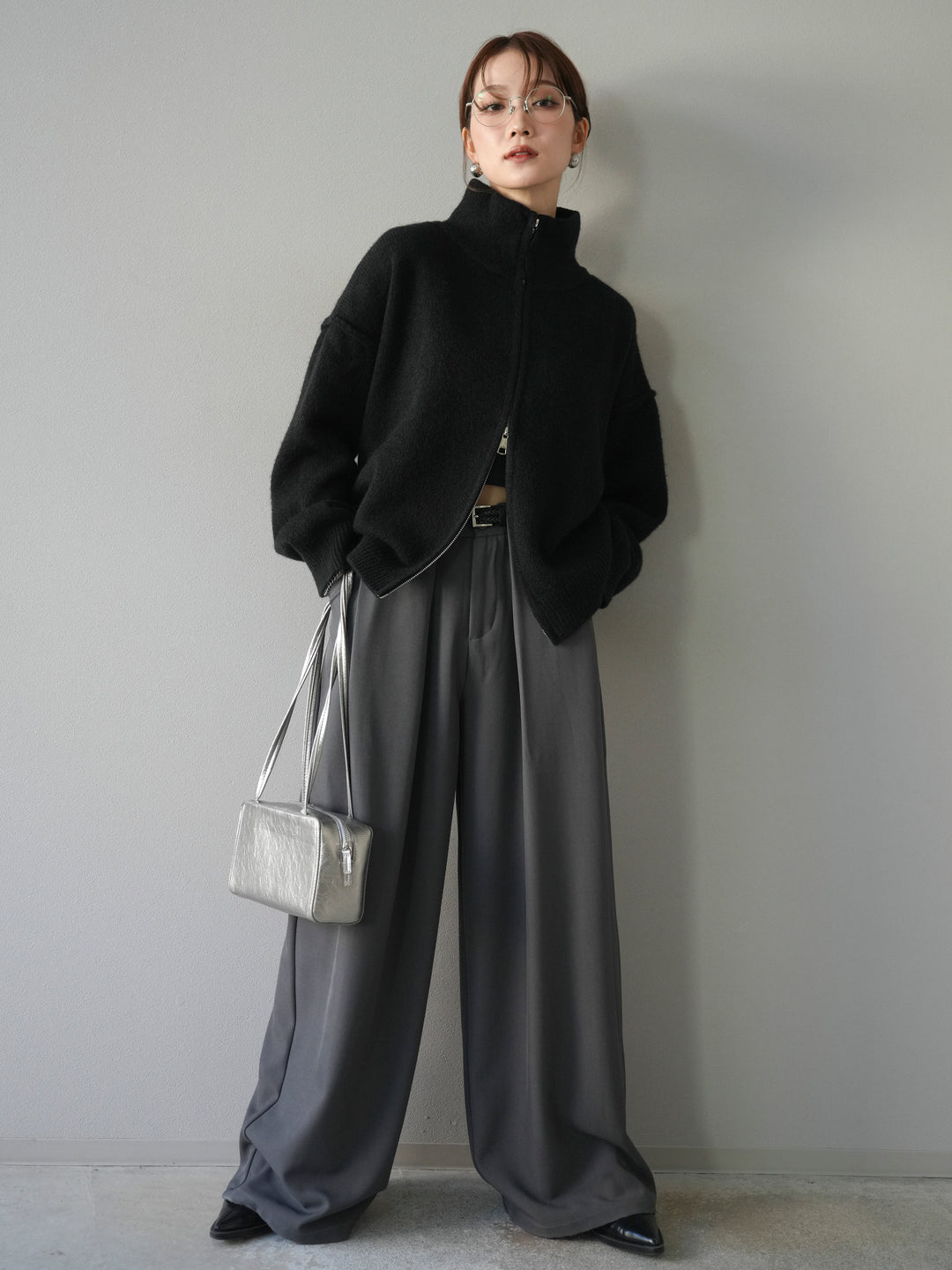 [SET]スタンドネックダブルZIPニットカーディガン+ベルトループデザインワイドパンツ(2set)