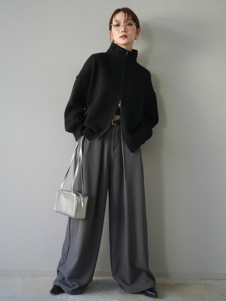 [SET]スタンドネックダブルZIPニットカーディガン+ベルトループデザインワイドパンツ(2set)