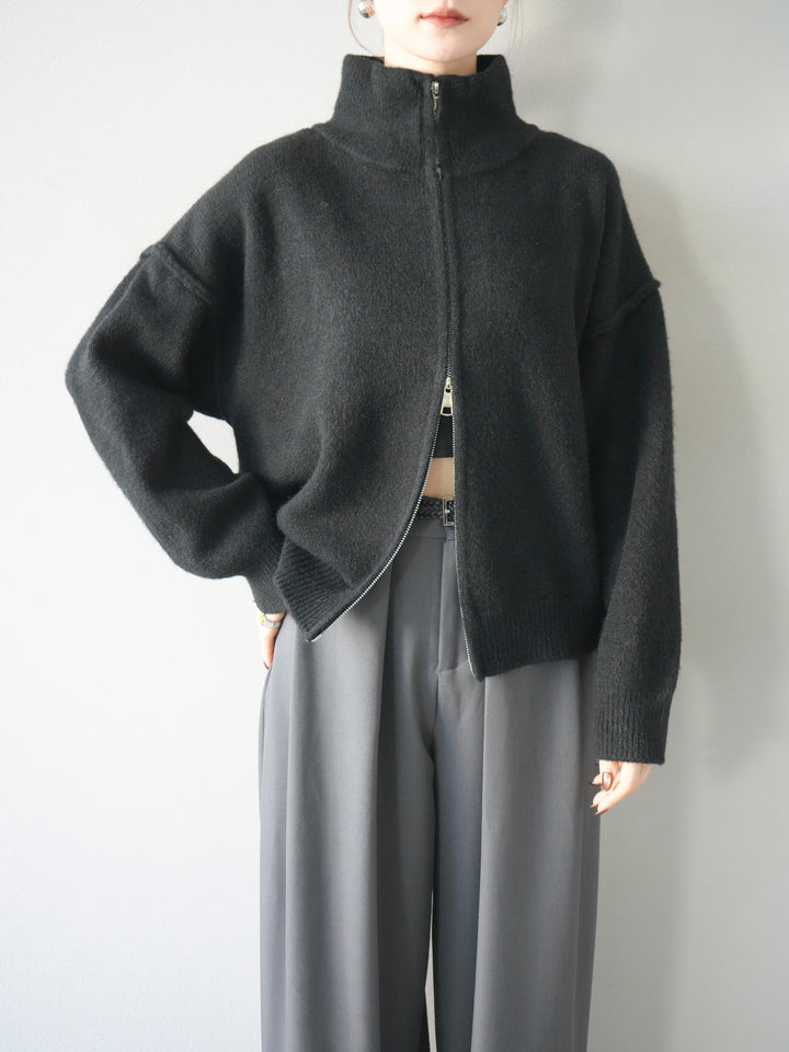 [予約]スタンドネックダブルZIPニットカーディガン/black