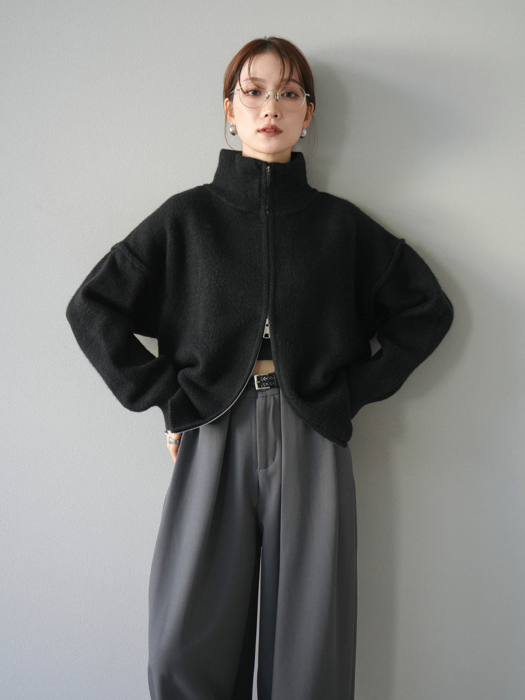 [SET]スタンドネックダブルZIPニットカーディガン+ベルトループデザインワイドパンツ(2set)