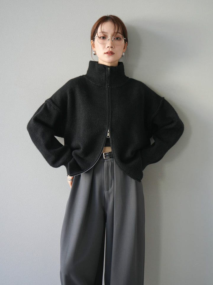 [予約]スタンドネックダブルZIPニットカーディガン/black