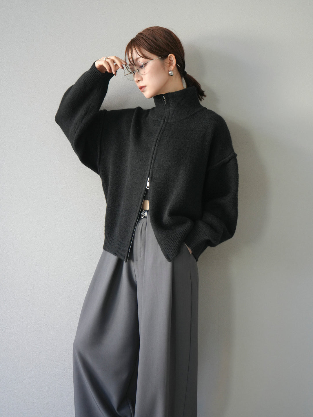 [予約]スタンドネックダブルZIPニットカーディガン/black