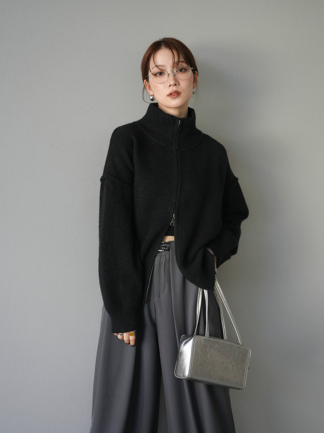 [SET]スタンドネックダブルZIPニットカーディガン+ベルトループデザインワイドパンツ(2set)