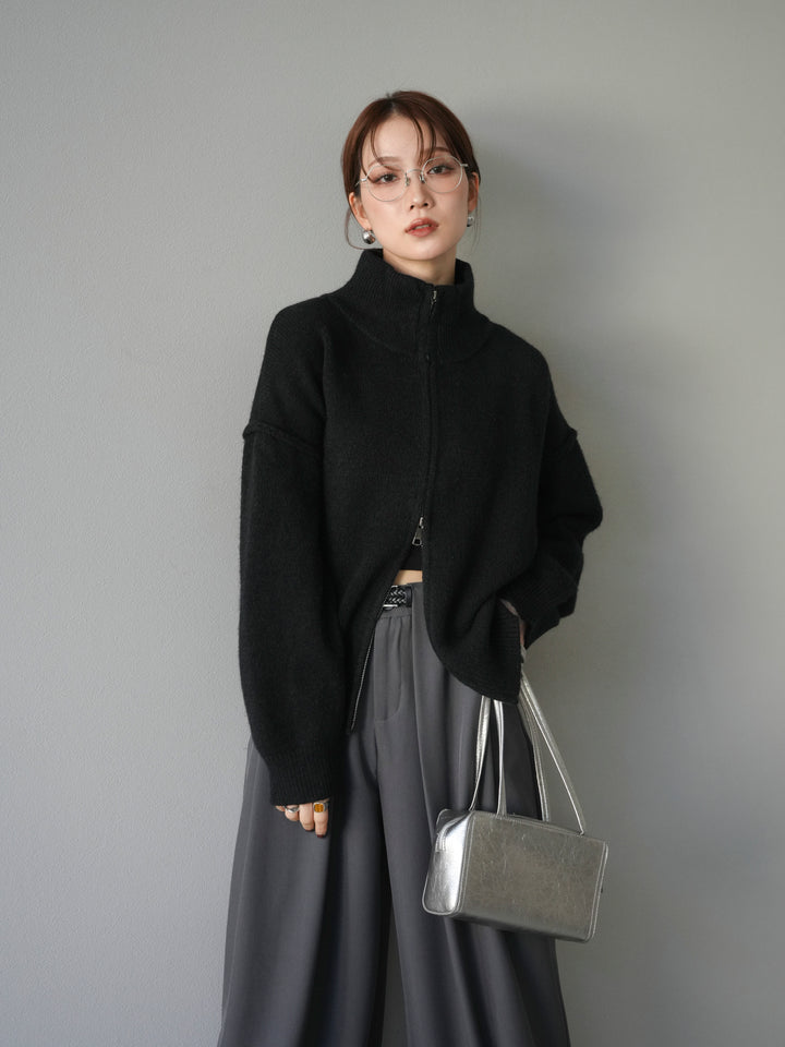 [予約]スタンドネックダブルZIPニットカーディガン/black