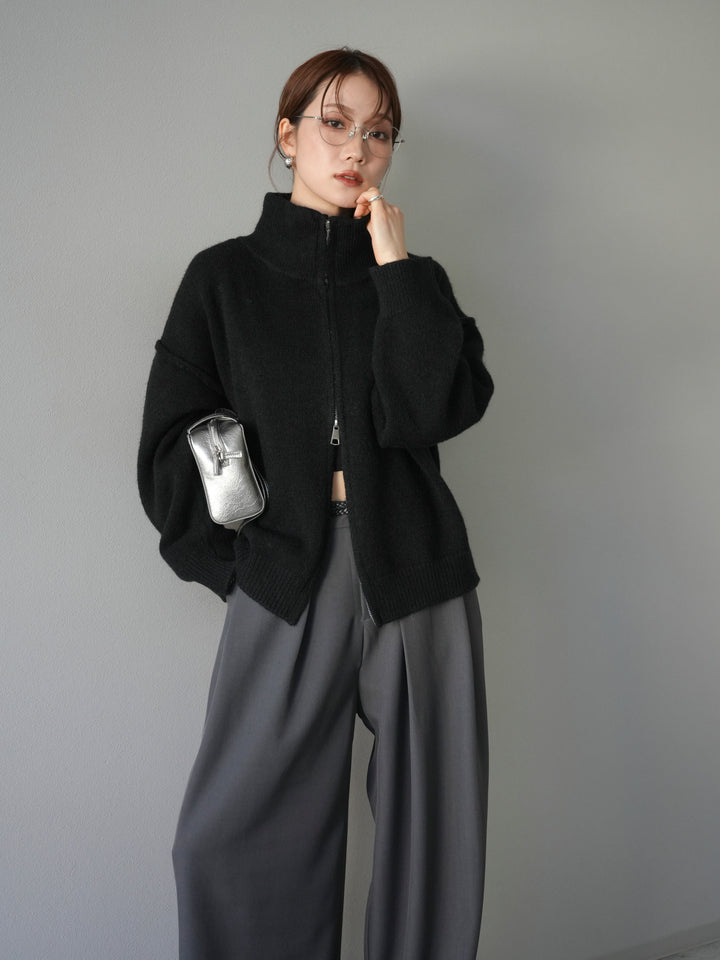 [予約]スタンドネックダブルZIPニットカーディガン/black