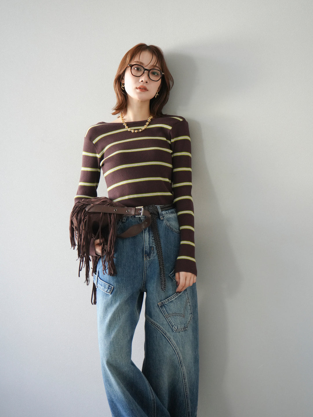 【SET】後開條紋毛圈羅紋上衣+畫家曲線牛仔褲（2件組）