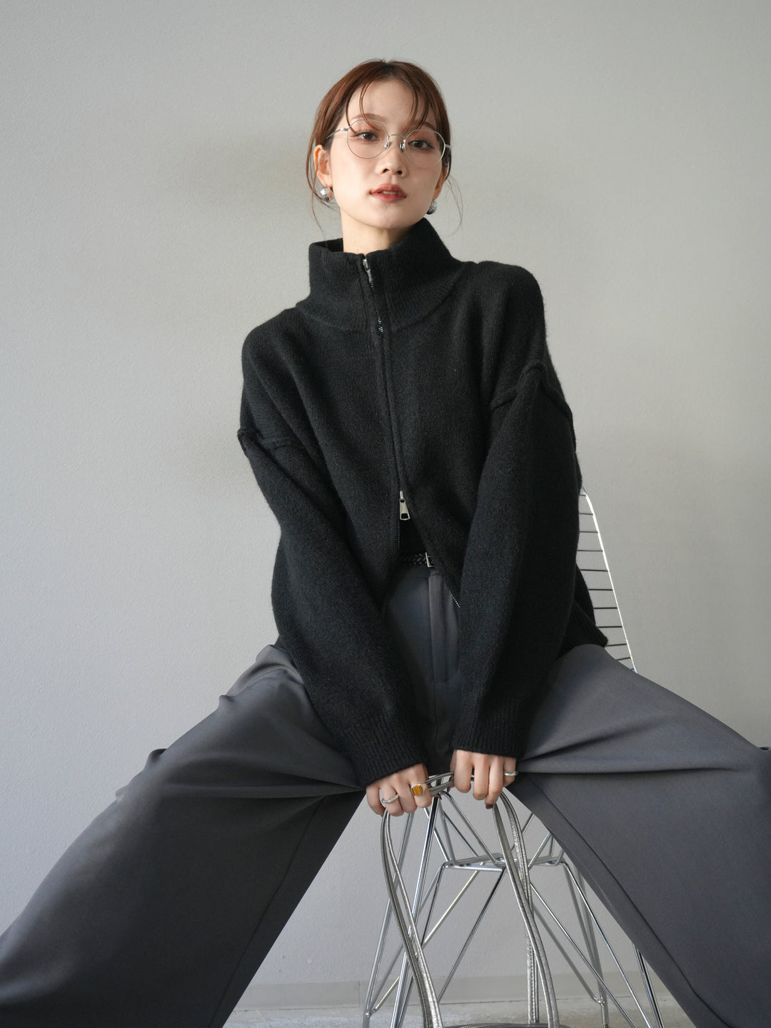 [予約]スタンドネックダブルZIPニットカーディガン/black