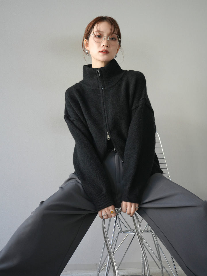 [予約]スタンドネックダブルZIPニットカーディガン/black