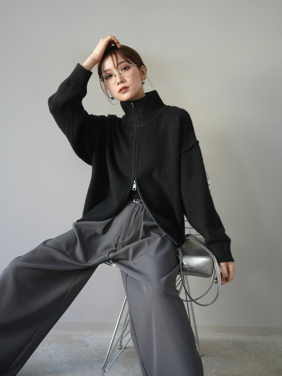 [SET]スタンドネックダブルZIPニットカーディガン+ベルトループデザインワイドパンツ(2set)