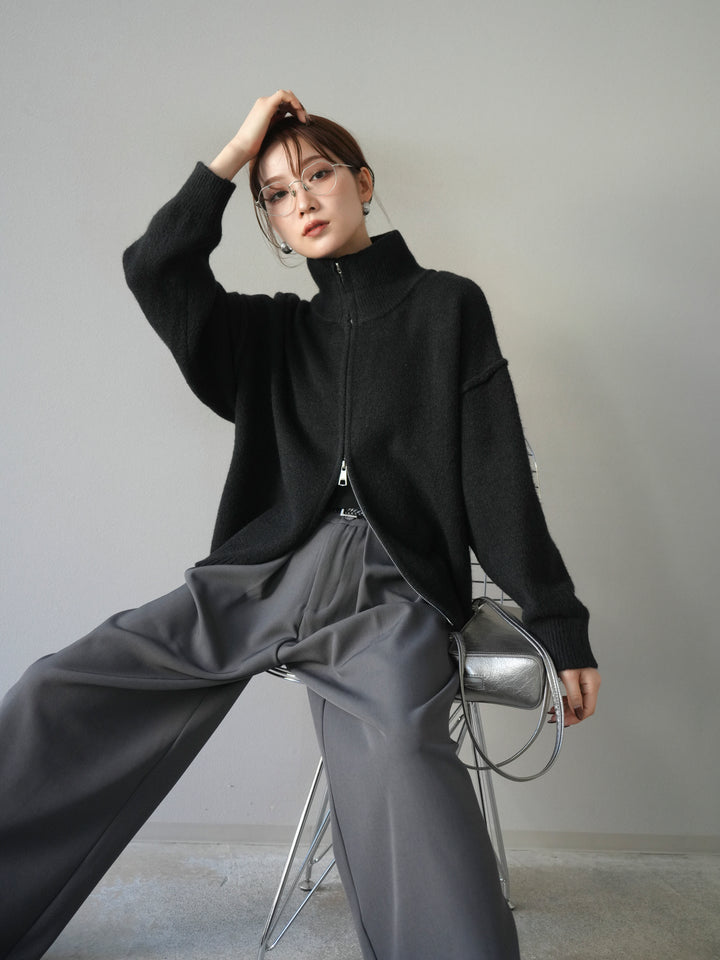 [予約]スタンドネックダブルZIPニットカーディガン/black