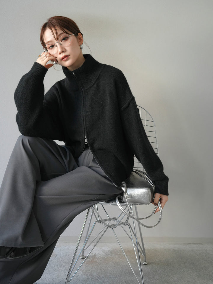 [SET]スタンドネックダブルZIPニットカーディガン+ベルトループデザインワイドパンツ(2set)