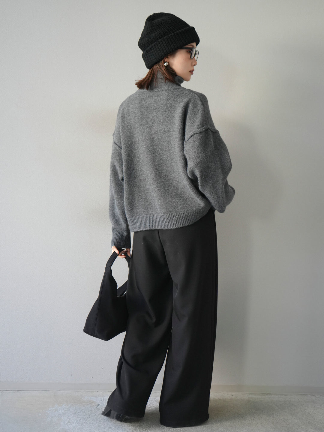 [SET]スタンドネックダブルZIPニットカーディガン+ベルトループデザインワイドパンツ(2set)