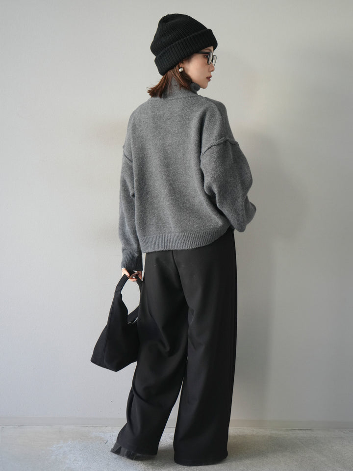 [SET]スタンドネックダブルZIPニットカーディガン+ベルトループデザインワイドパンツ(2set)