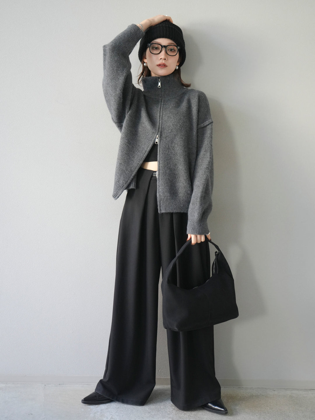 [SET]スタンドネックダブルZIPニットカーディガン+ベルトループデザインワイドパンツ(2set)