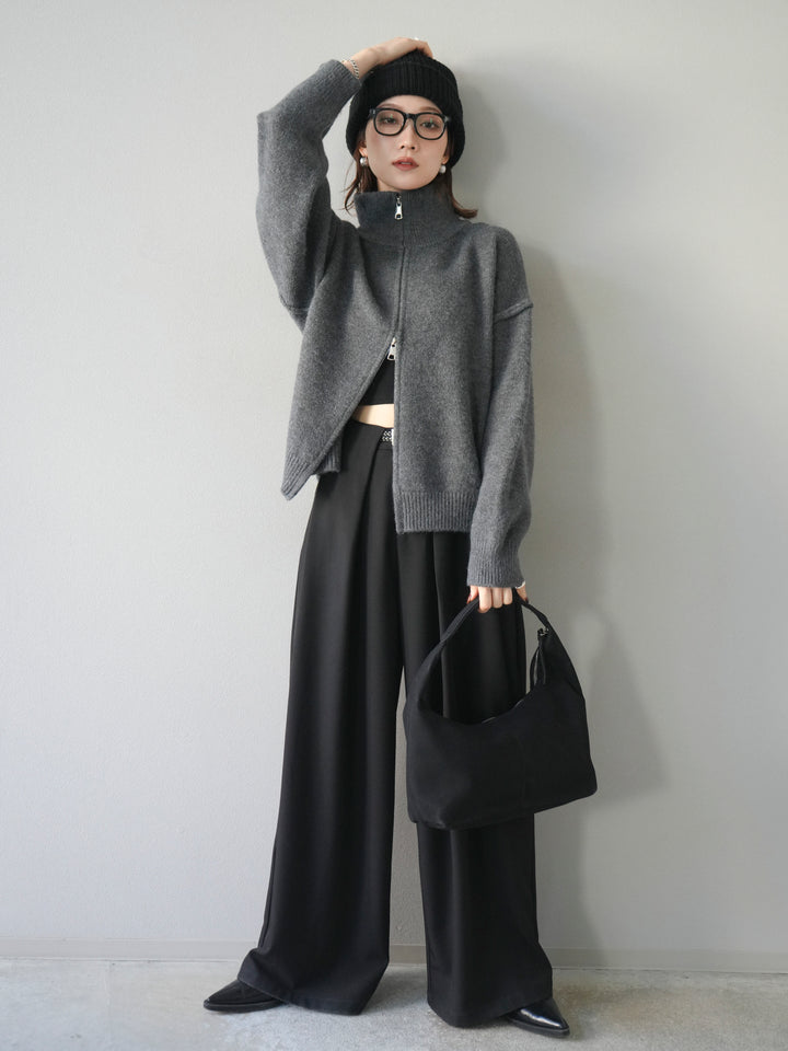 [SET]スタンドネックダブルZIPニットカーディガン+ベルトループデザインワイドパンツ(2set)