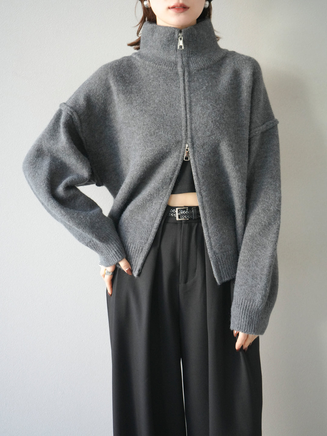 [SET]スタンドネックダブルZIPニットカーディガン+ベルトループデザインワイドパンツ(2set)