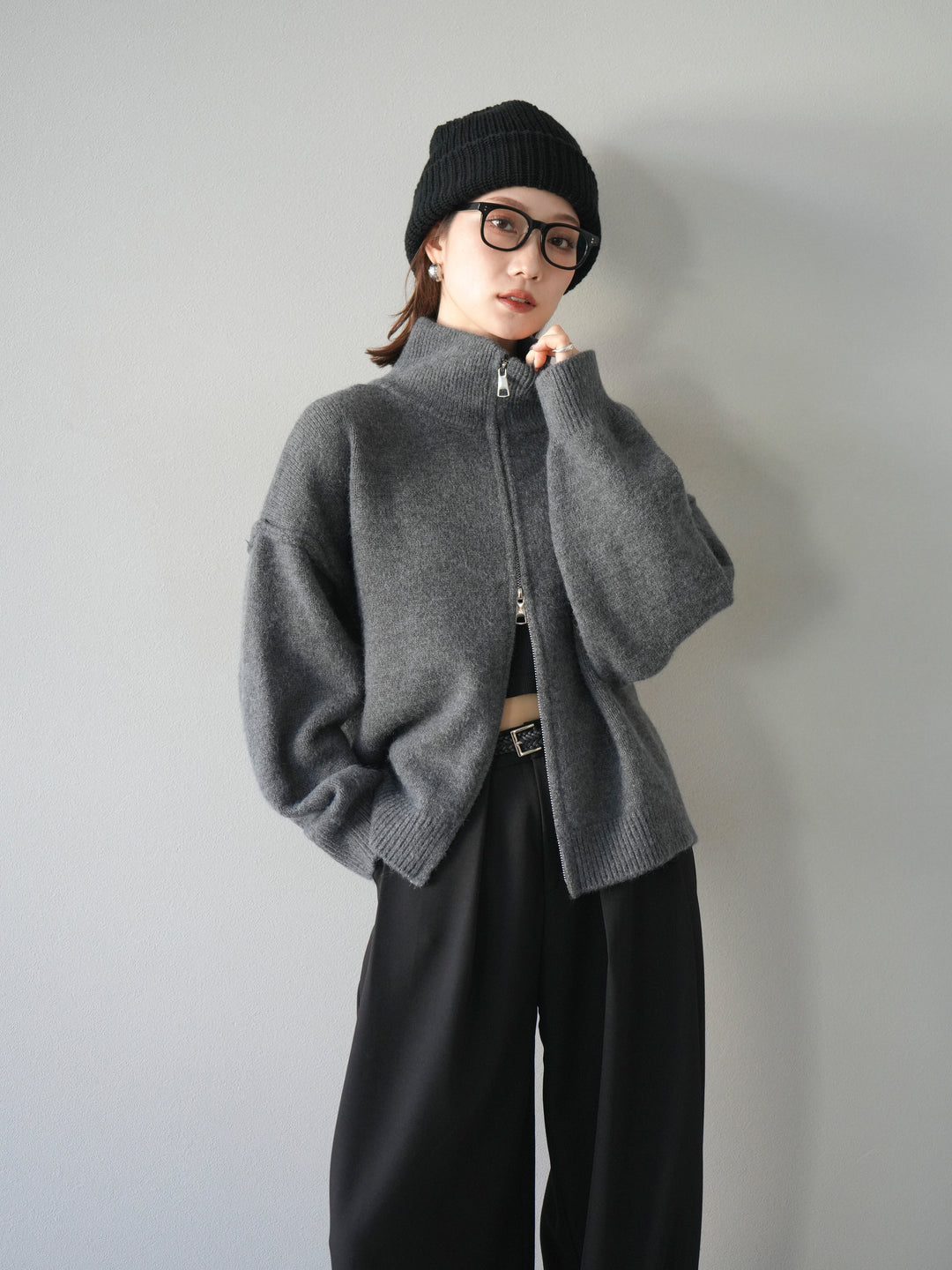 [予約]スタンドネックダブルZIPニットカーディガン/darkgray
