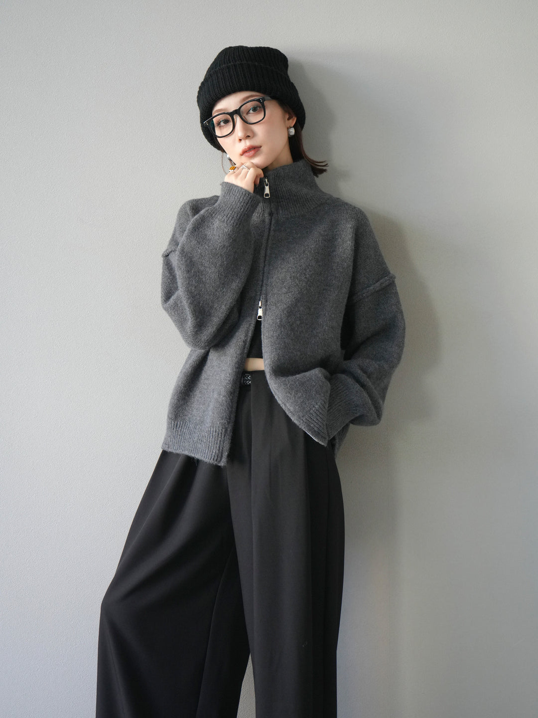 [予約]スタンドネックダブルZIPニットカーディガン/darkgray