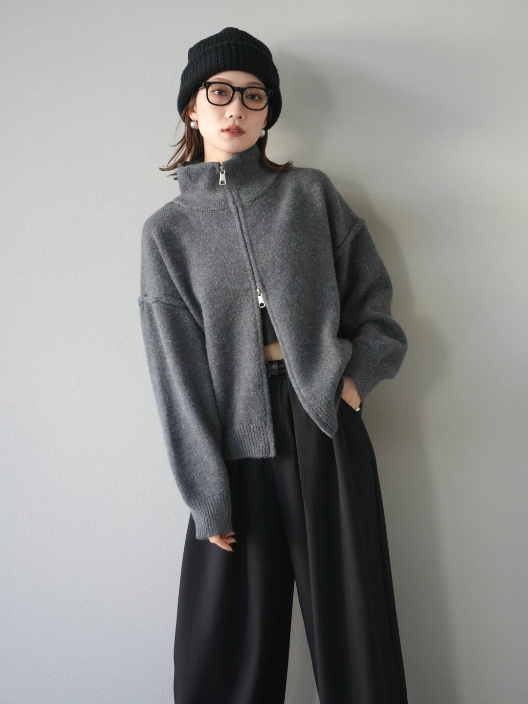 [SET]スタンドネックダブルZIPニットカーディガン+ベルトループデザインワイドパンツ(2set)