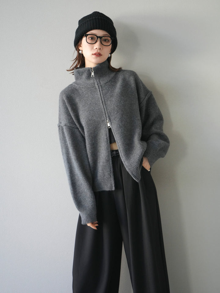 [予約]スタンドネックダブルZIPニットカーディガン/darkgray