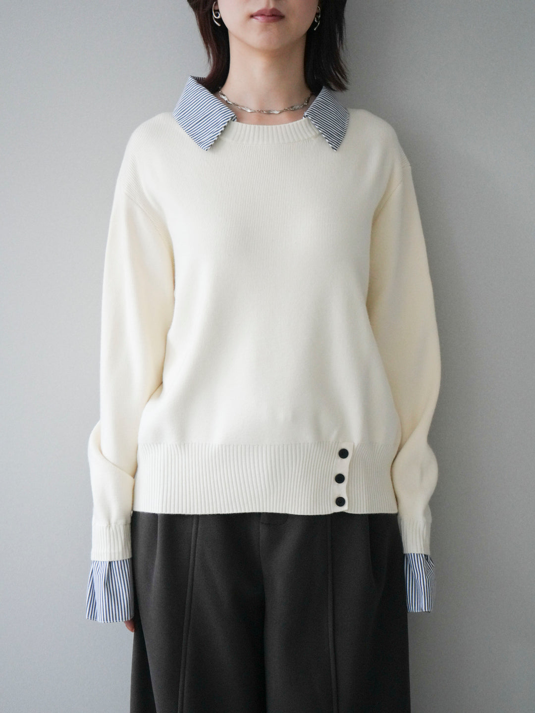[予約]シャツドッキングデザイン裾ボタンニットプルオーバー/beige