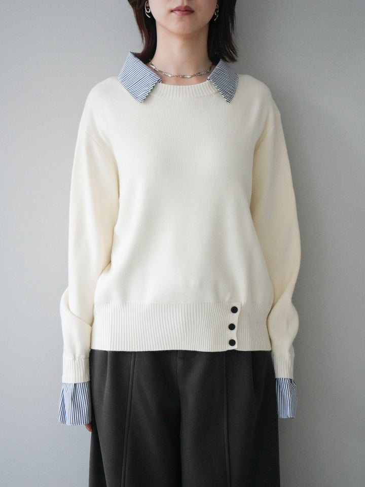 [予約]シャツドッキングデザイン裾ボタンニットプルオーバー/beige