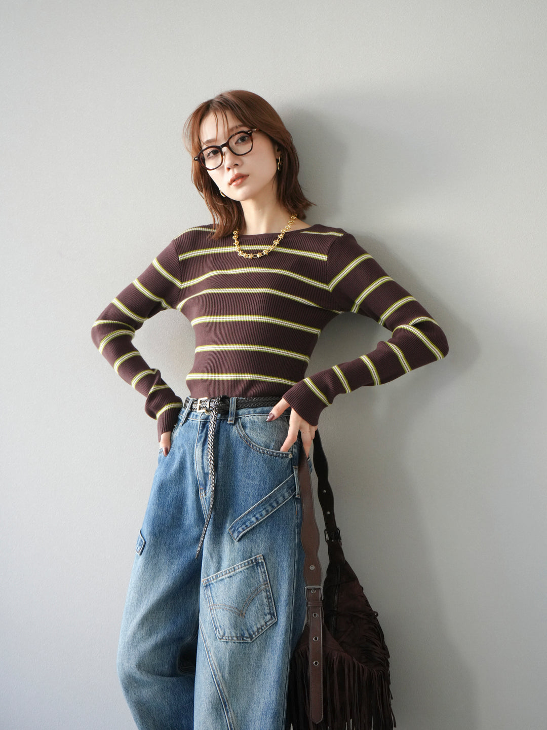 【SET】後開條紋毛圈羅紋上衣+畫家曲線牛仔褲（2件組）