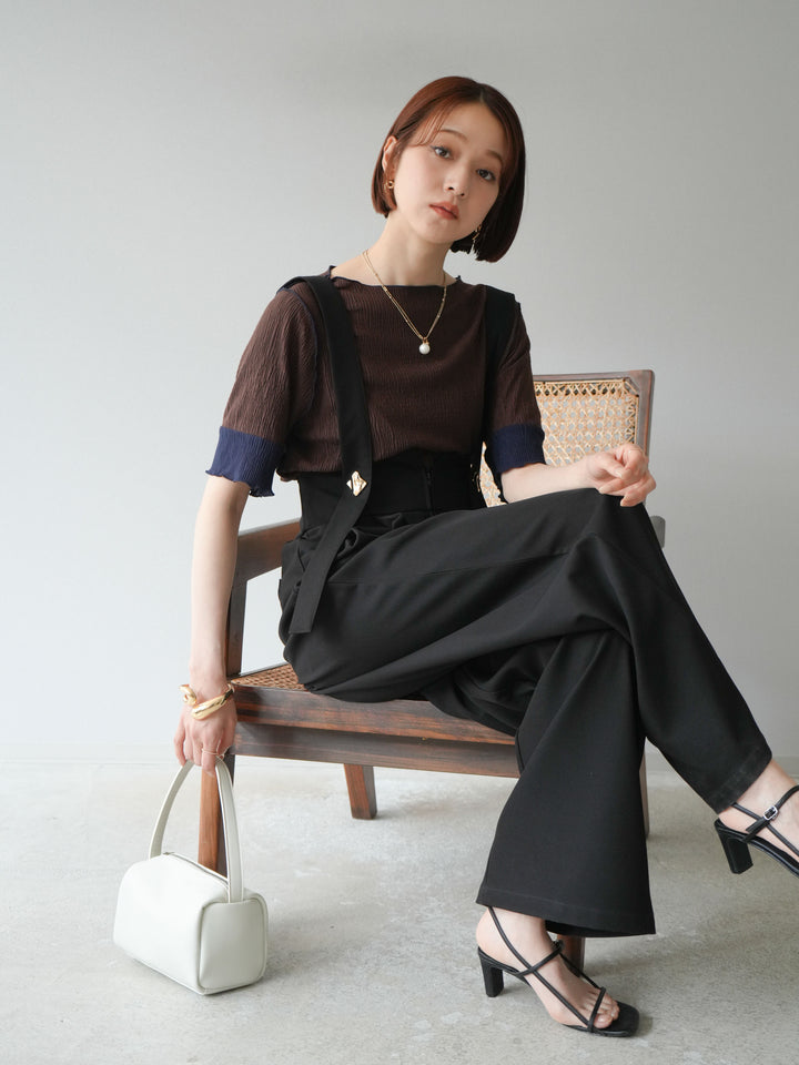 [SET]プリーツ配色ボートネックプルオーバー+ゴールドボタンサスペンダーワイドパンツ(2set)