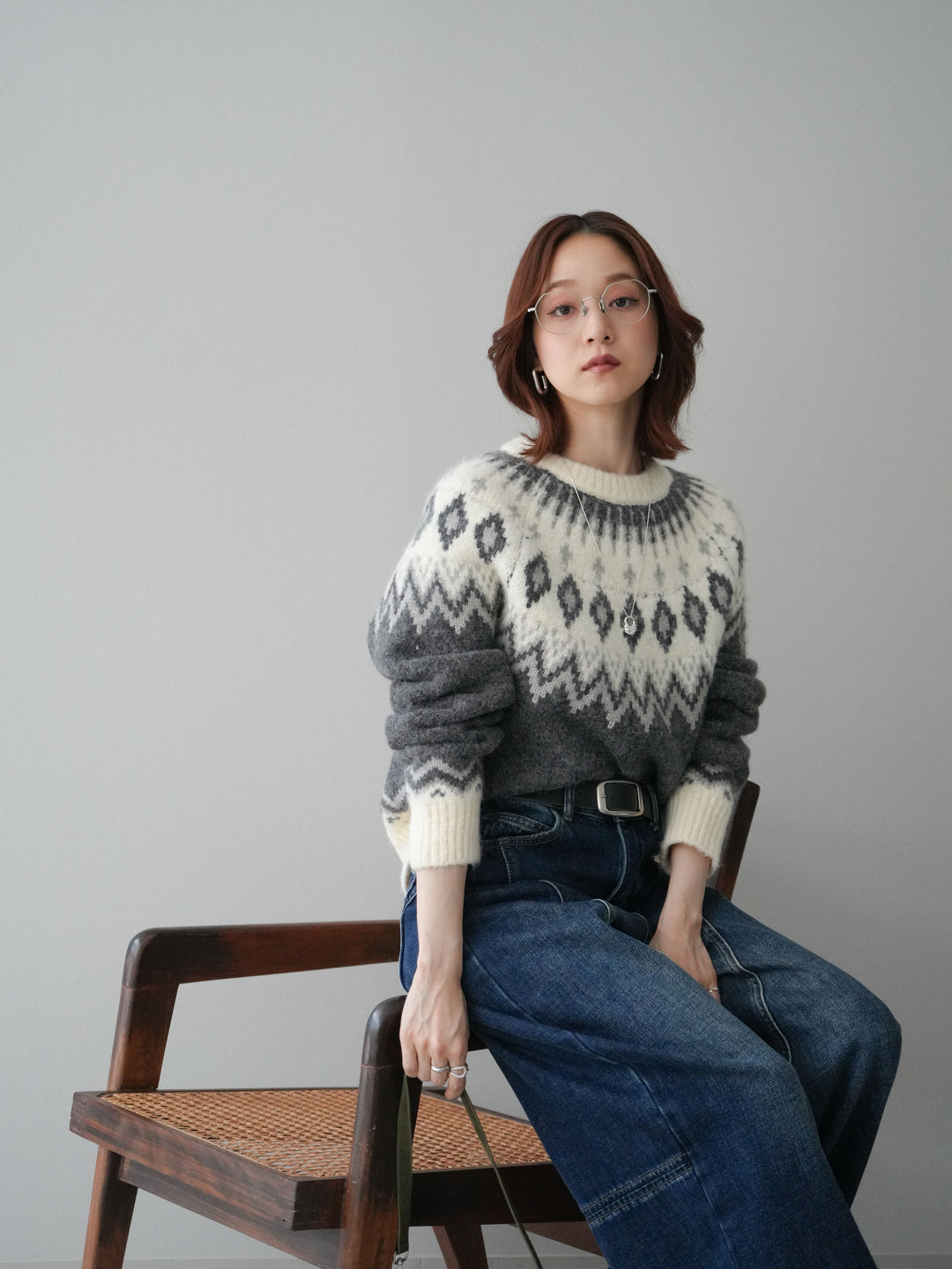 [予約]ノルディック柄ニットプルオーバー/gray
