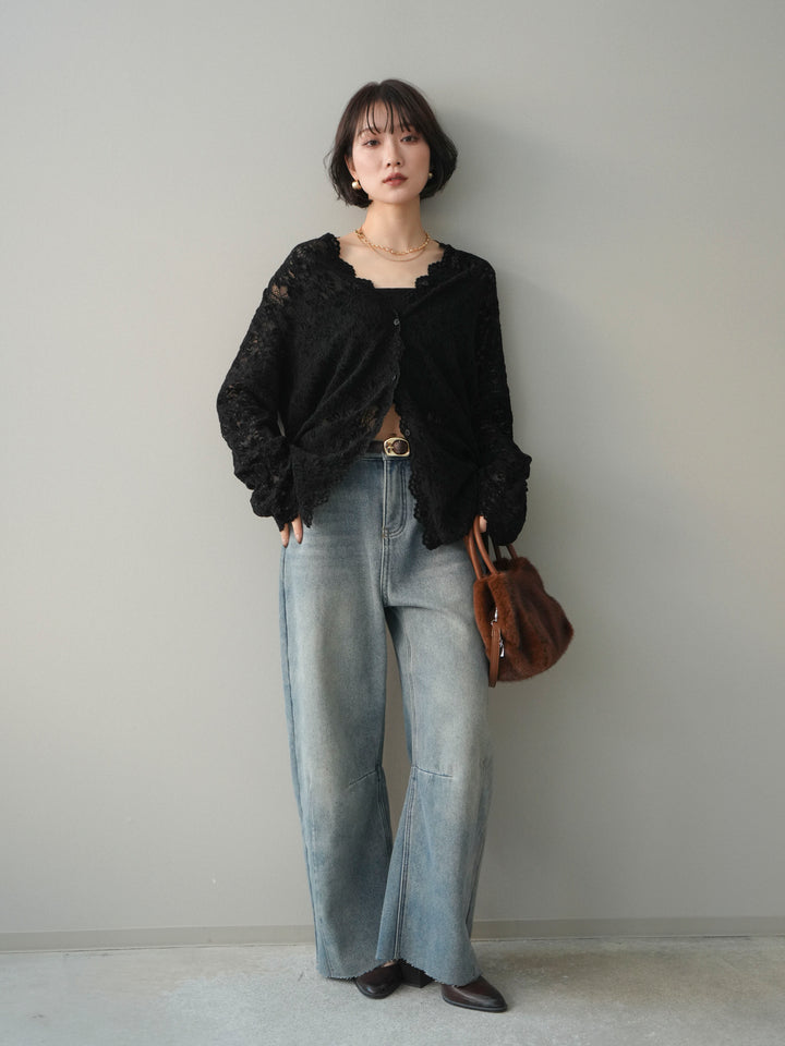 [予約]裏起毛カットオフカーブデニムパンツ/blue