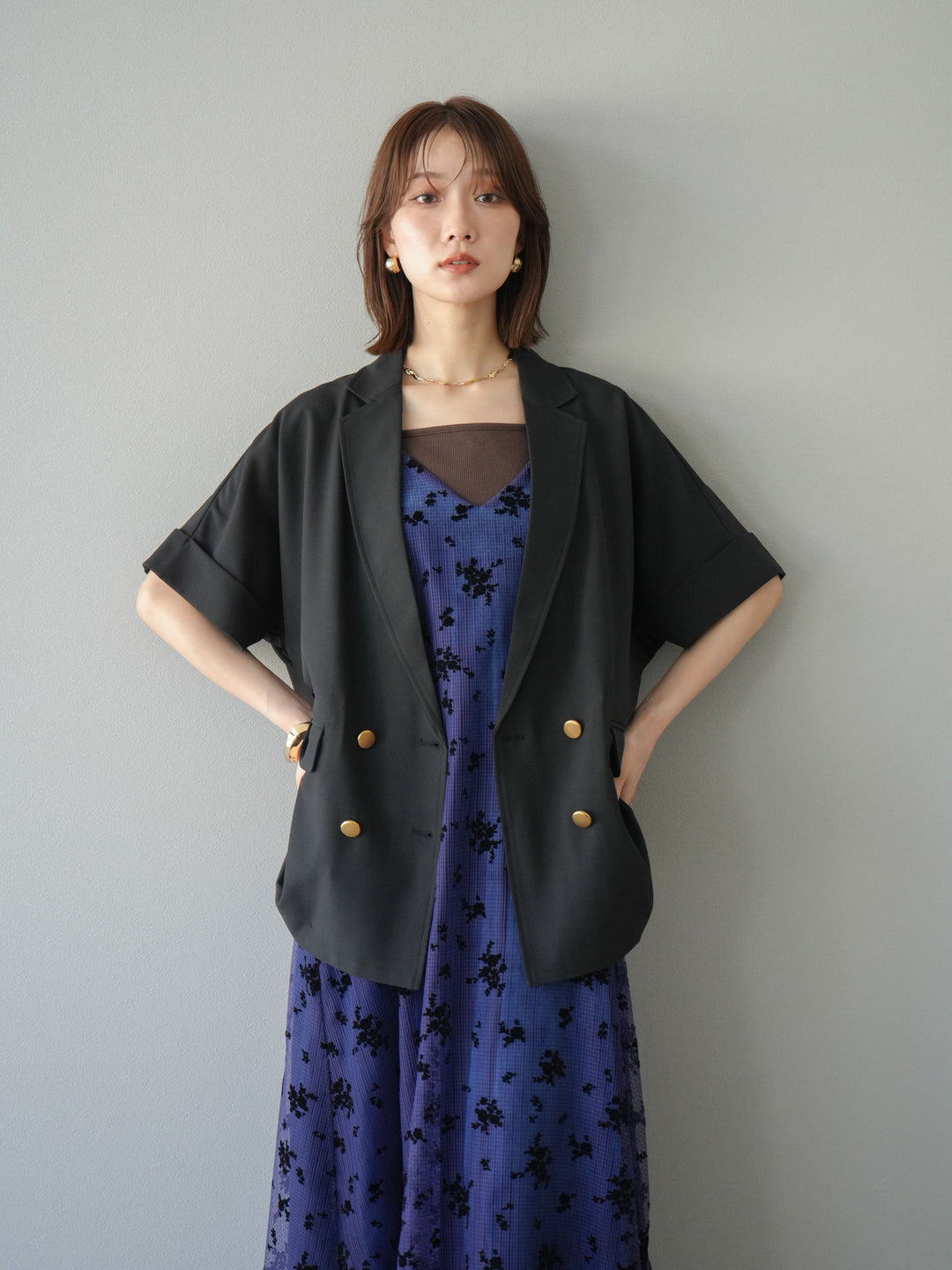 [套裝] 植絨薄紗層疊天鵝絨吊帶連身裙 + 金色紐帶半夾克 (2 套)