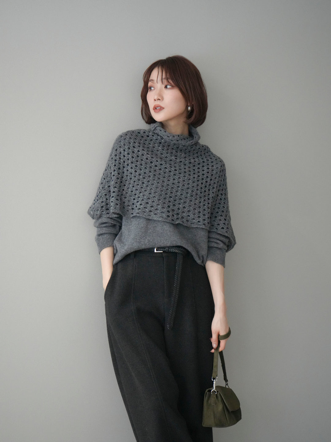 [予約]メッシュケープアンサンブルニットプルオーバー/darkgray