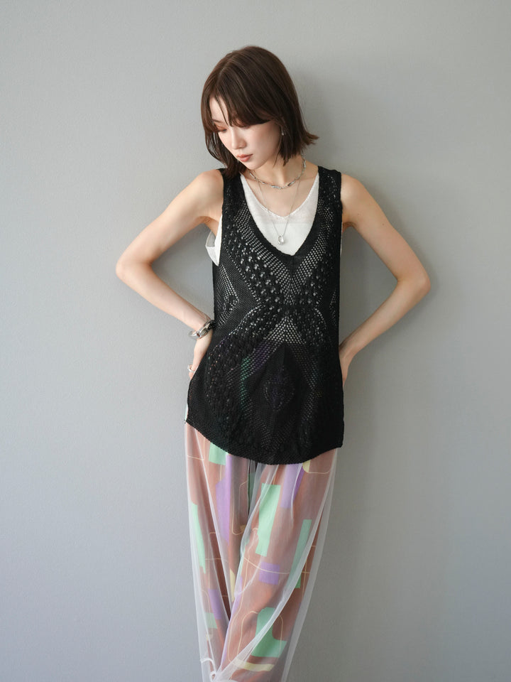 [予約]透かし編みレイヤードニットトップス/ブラック